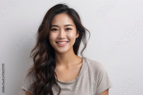 Portrait of young happy asian woman smiling standing in front of blank white wall looks in camera generative ai