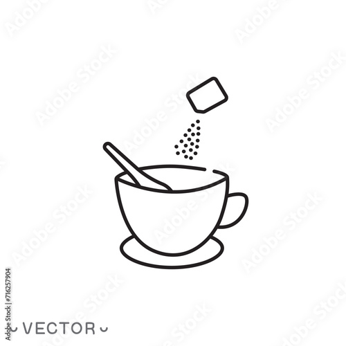 sachet sugar throw in cup, icon, coffee or tea, thin line symbol isolated on white background, editable stroke eps 10 vector illustration