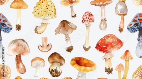 Watercolor illustration featuring various varieties of mushrooms.