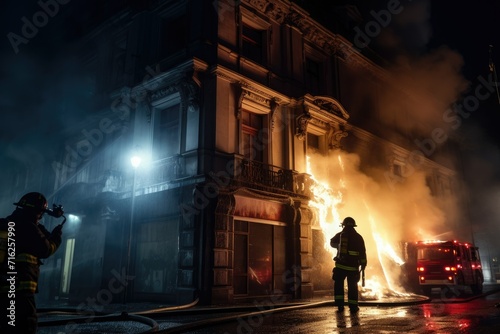 A photo fireman wearing a professional uniform extinguishing a burning house, Firefighters extinguishing a fire in a building at night, Ai generated