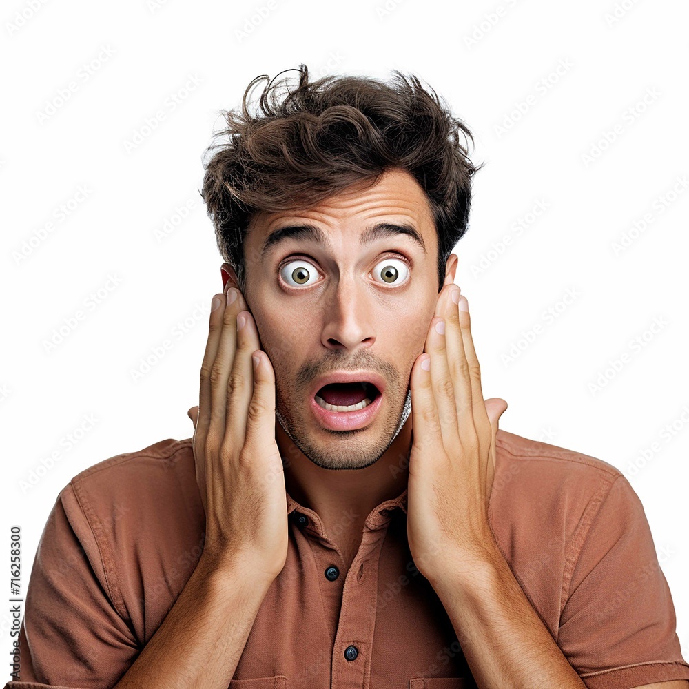 Surprised man hands on face, face shot, isolated on white background Surprised man hands on face, face shot, isolated on white background