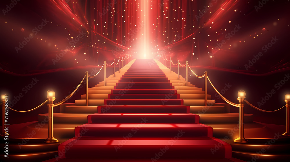 Red carpet on the stairs on dark background, the way to glory, victory and success Red carpet on the stairs on dark background, the way to glory, victory and success