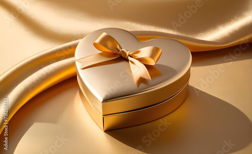 Heart-shaped gift box, nestled on a backdrop of smooth gold silk, Valentine's Day, Christmas. Generative AI