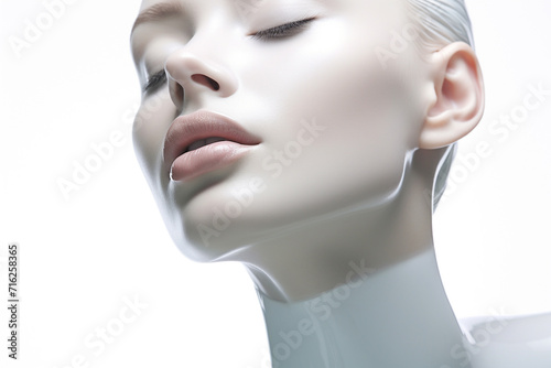 Beauty, fashion, make-up concept. Beautiful model close-up face portrait representing natural and beautiful make-up. Sensual mood and bright background and bright illuminated model