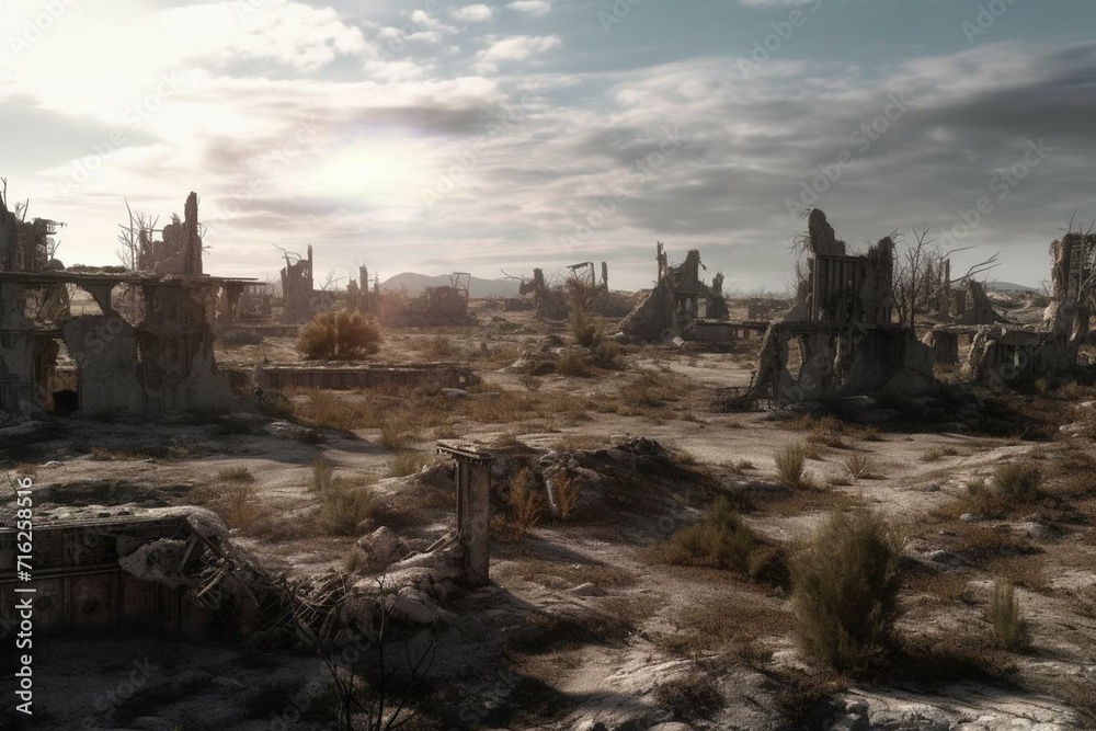 Ruined landscape in post-apocalyptic terrain. Generative AI