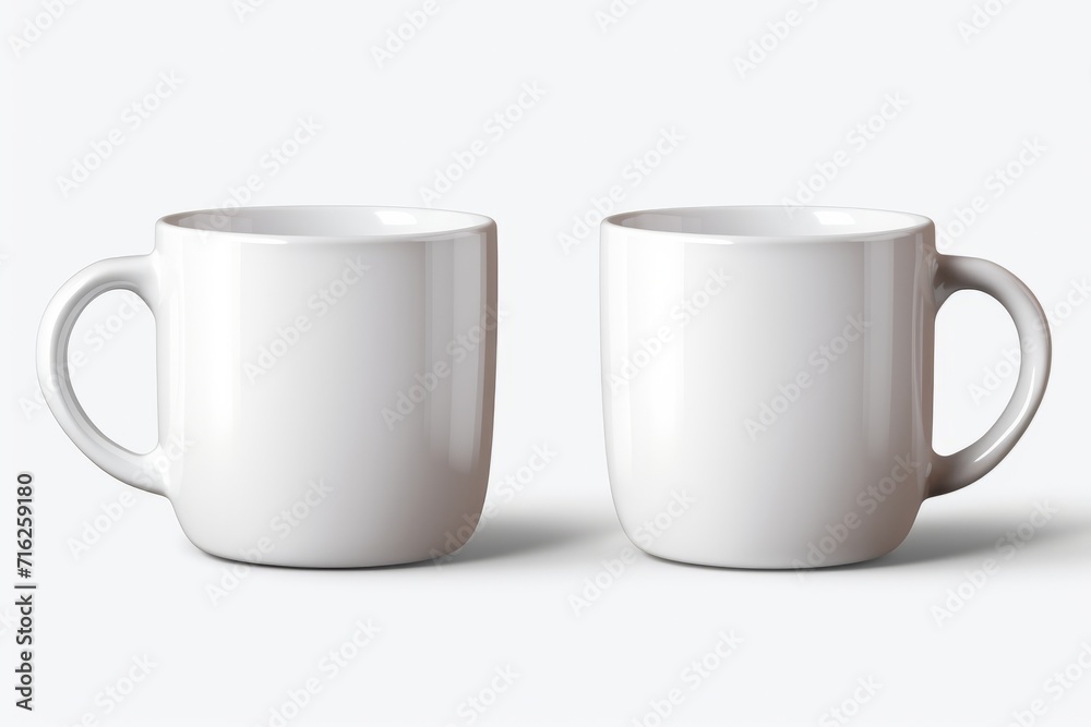 A side view of two empty white coffee cups, mugs, for hot drink isolated against white background A side view of two empty white coffee cups, mugs, for hot drink isolated against white background