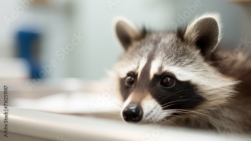 Sad raccoon in a veterinary clinic.