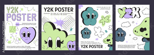 Y2k vibe posters with heart and cloud shape emoji. Vector cartoon illustration of retro futuristic flyers, cute smileys with big eyes, geometric background with doodle signs, retrowave art banners