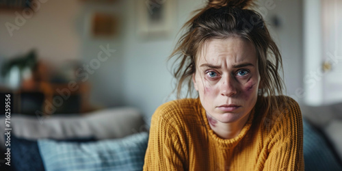 Domestic violence victim, abuse, awareness.  Portrait of bruised woman looking at camera. Female with black eye sitting on couch in living room photo
