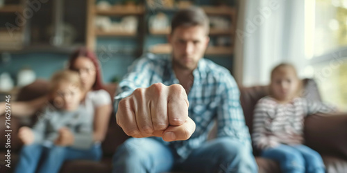 Anger abuse and domestic violence concept. Man threatening wife and kids with his fist. Scared mother and child sitting together on couch in scare. Selective Focus on male hand photo