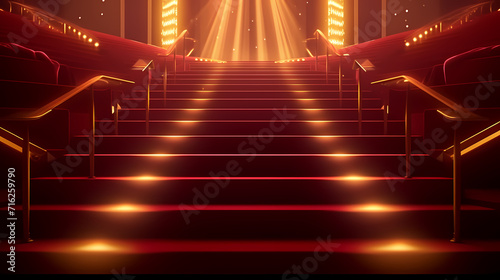 Red carpet on the stairs on dark background, the way to glory, victory and success