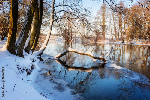 Winter landscape with river and trees in snow during sunny day