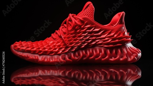 3d printed red lightweight custom sports shoe manufactured with flexible thermoplastics and advanced techniques isolated on black background.