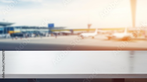 empty table white top with blur background of air port, Advertisement, Print media, Illustration, Banner, for website, copy space, for word, template, presentation