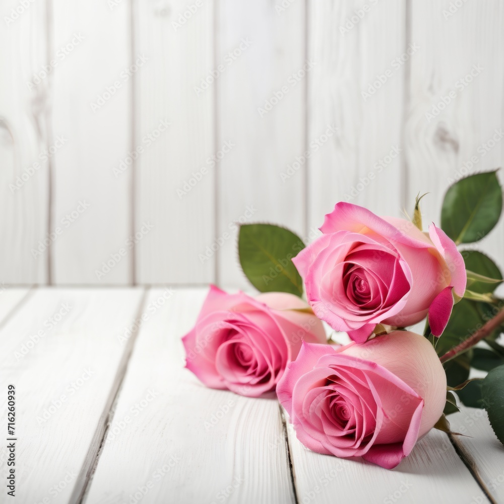 Flowers of pink roses on white wood background. Happy Valentine's Day with this romantic greeting card. Flowers of pink roses on white wood background. Happy Valentine's Day with this romantic greeting card.