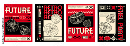 Poster design in y2k aesthetic with abstract wireframe objects on black and red background. Vector banner template set in trendy retro 2000s style with grid shapes and typography. Brutal cover layout. photo
