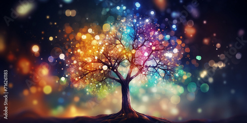 A tree in the middle of a rainbow colored, Psychedelic Yggdrasil Cosmic Tree Of Life Of Viking Mythology World Tree Reimagined, Cosmic nebula growing gigantic tree growing.  © Fatima
