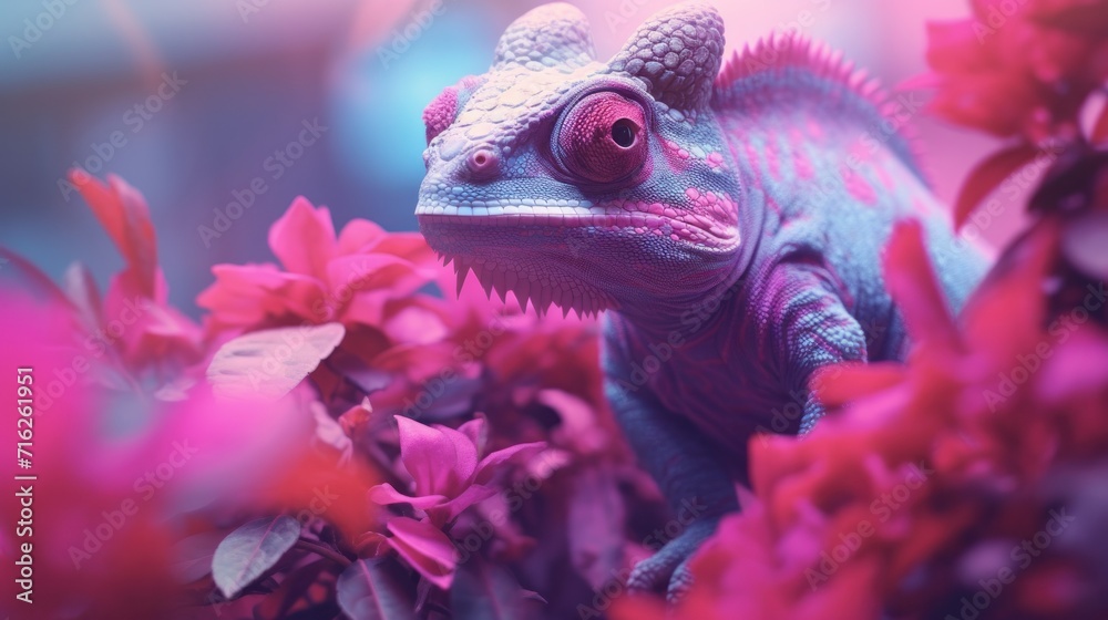 Fantasy vaporwave portrait of retrowave chameleon. Pink and blue colors.