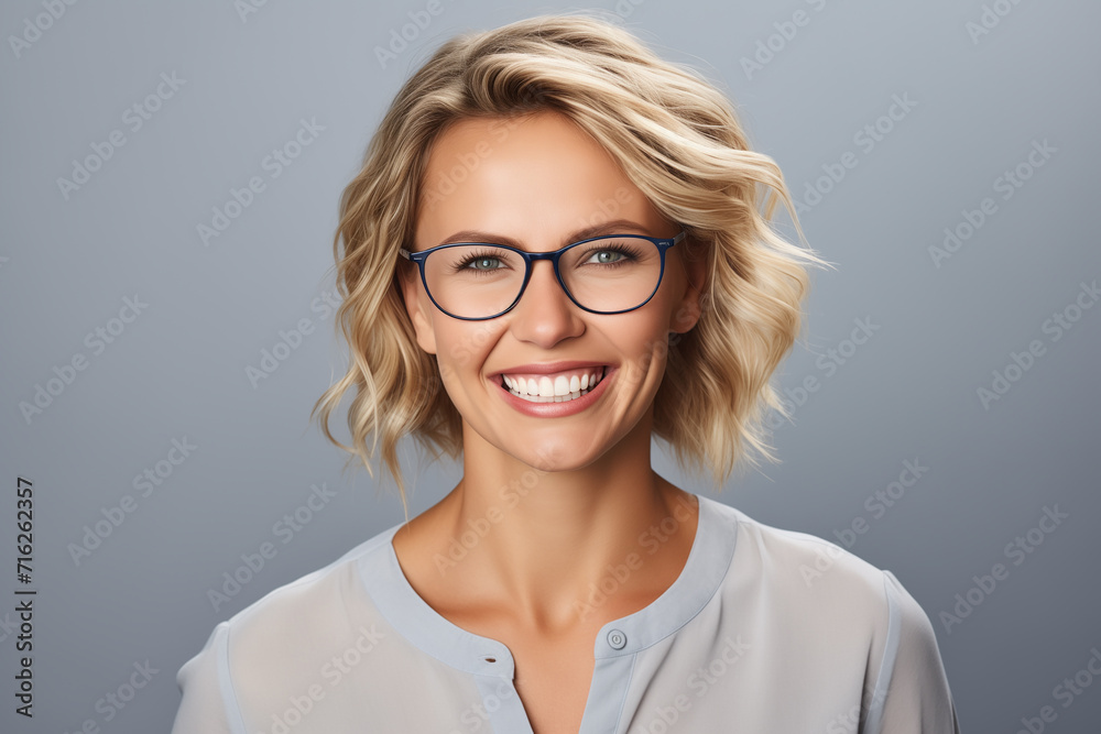 A woman in glasses with a stylish long hairstyle, wearing a blue shirt