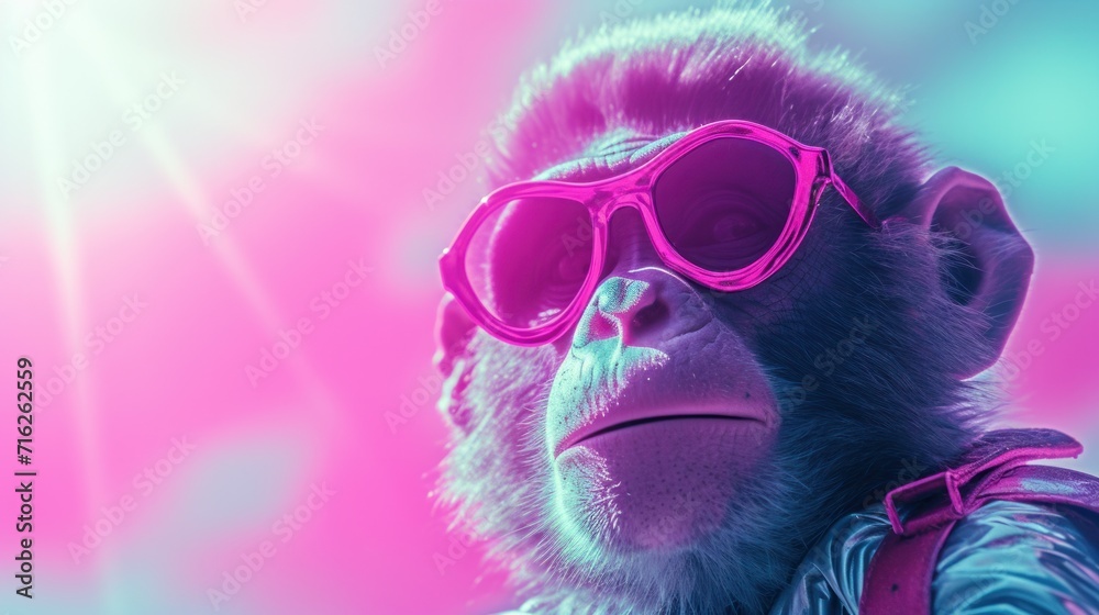 Fantasy vaporwave portrait of retrowave monkey. Pink and blue colors. Fantasy vaporwave portrait of retrowave monkey. Pink and blue colors.