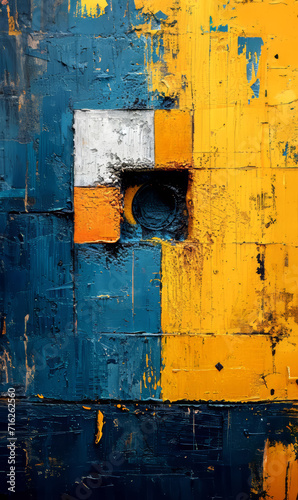Detail of an old painted wooden wall with blue and yellow paint.