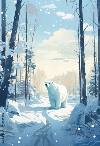 Polar bears, pine trees and snowy winter woodland on blue background.