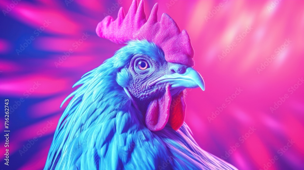 Fantasy vaporwave portrait of retrowave hen. Pink and blue colors.