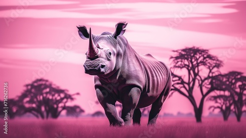 Fantasy vaporwave portrait of retrowave rhinoceros. Pink and blue colors.