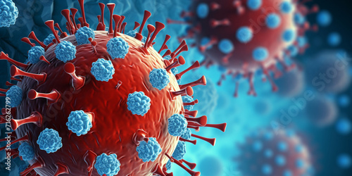 Concept of a dangerous virus Closeup of viruses in red and blue colors, 3d Animation Render Of Bacterial Pathogen Outbreak And Pox Virus Disease Microorganisms Background.  photo