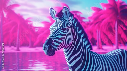 Fantasy vaporwave portrait of retrowave zebra. Pink and blue colors.