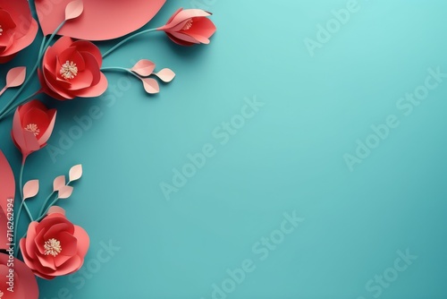 Paper cut flowers,botanical bouquet, floral border. Happy Mother's Day. Happy Women's day. 8 March. Pink Blue