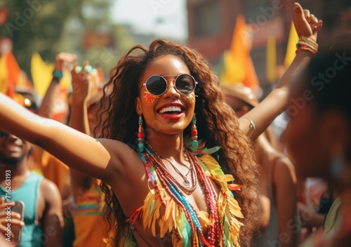 Beautiful Brazilian woman, dressed in carnival clothes, dancing. Brazilian wearing Samba Costume, beautiful samba dancer performing at Carnival. Portrait. Happy smile woman photo
