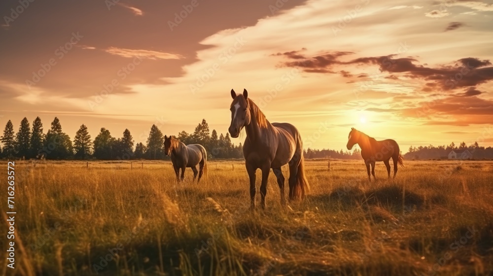 Horses in the field at sunset. Beautiful summer landscape with horses.