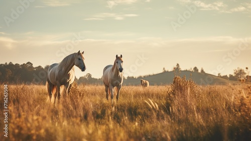 White horses in the meadow at sunset. Beautiful landscape with horses. photo