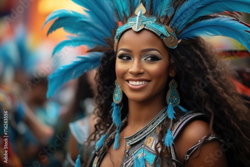 Beautiful Brazilian woman, dressed in carnival clothes, dancing. Brazilian wearing Samba Costume, beautiful samba dancer performing at Carnival. Portrait. Happy smile woman. © masherdraws