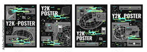 Trendy y2k style poster design template with abstract grid geometric shapes and glitch effect background. Vector set of 00s aesthetic covers with wireframe forms, objects and stickers on black.