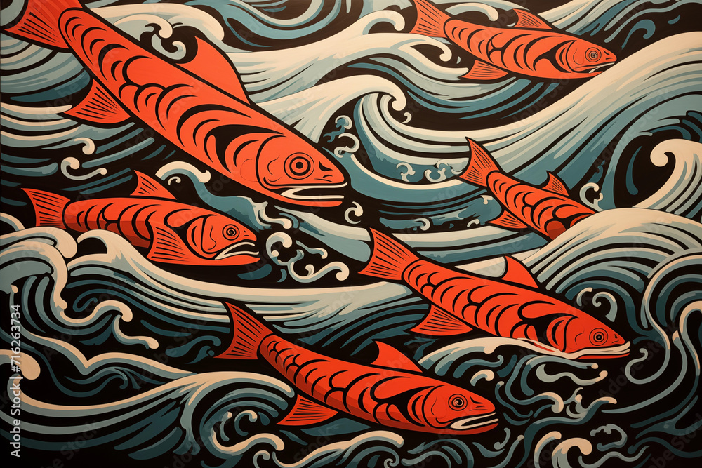 School of salmon in waves in the ocean in Pacific Northwest native ...