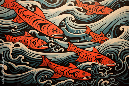 School of salmon in waves in the ocean in Pacific Northwest native style