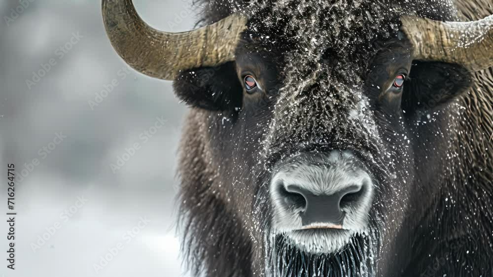 Closeup of a musk oxens face its nostrils flared and breath visible in the cold air a fierce look in its eye as it protects its herd from the elements Closeup of a musk oxens face its nostrils flared and breath visible in the cold air a fierce look in its eye as it protects its herd from the elements