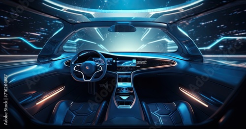 The dashboard of a futuristic car adorned with holographic controls and sleek digital displays.