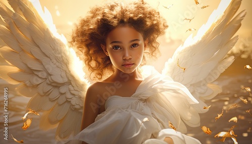 An angelic depiction of a holy girl adorned with ethereal white wings. photo