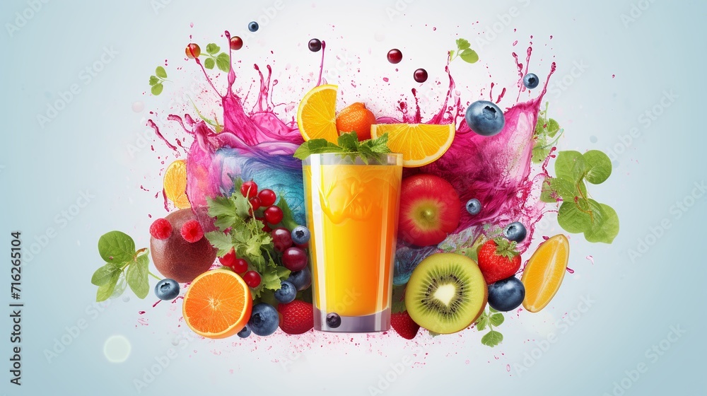 Fruit and orange juice with splashes and fruits on blue background. Fruit and orange juice with splashes and fruits on blue background.