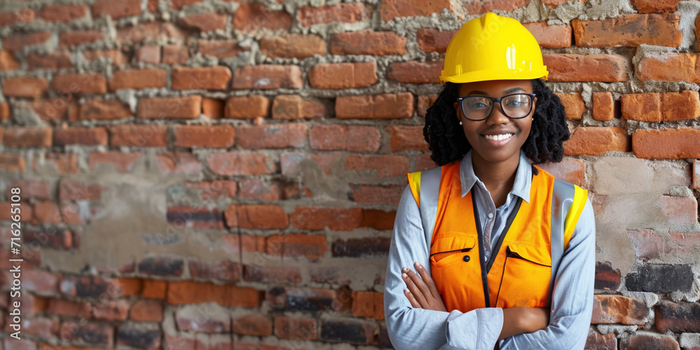 African American smiling female building engineer construction worker technician architect on site wearing safety helmet hard hat, high vis vest. Manufacturing technology job concept. Copy paste African American smiling female building engineer construction worker technician architect on site wearing safety helmet hard hat, high vis vest. Manufacturing technology job concept. Copy paste