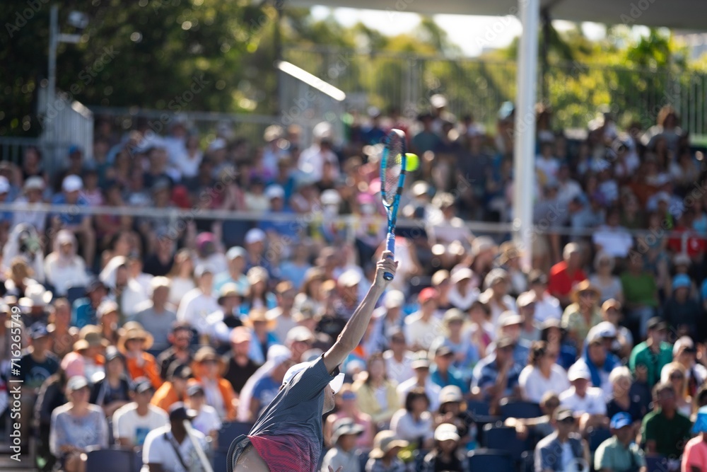 Obraz premium playing tennis on a blue tennis court. serving in a tennis with a crowd of fans watching in australian open