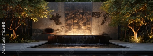 A modern water feature gracing the outdoor space of a home, combining a fountain and waterfall.