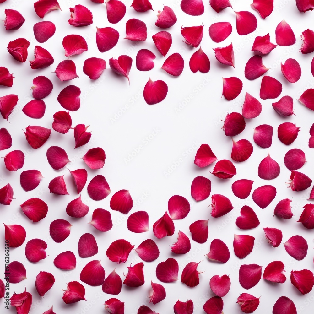 The shape of a heart created within scattered pinkish red rose petals The shape of a heart created within scattered pinkish red rose petals