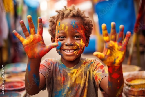 Black Child toddler boy got hands dirty in colorful paint photo