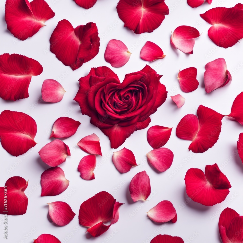 Fototapeta premium The shape of a heart created within scattered pinkish red rose petals