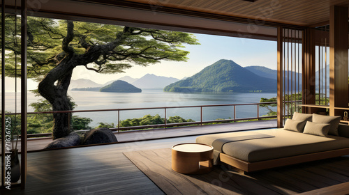 3D render, interior, design concept, Japanese Resort by the Lake Natural background, Retreat and Relax Space. travel and vacation background