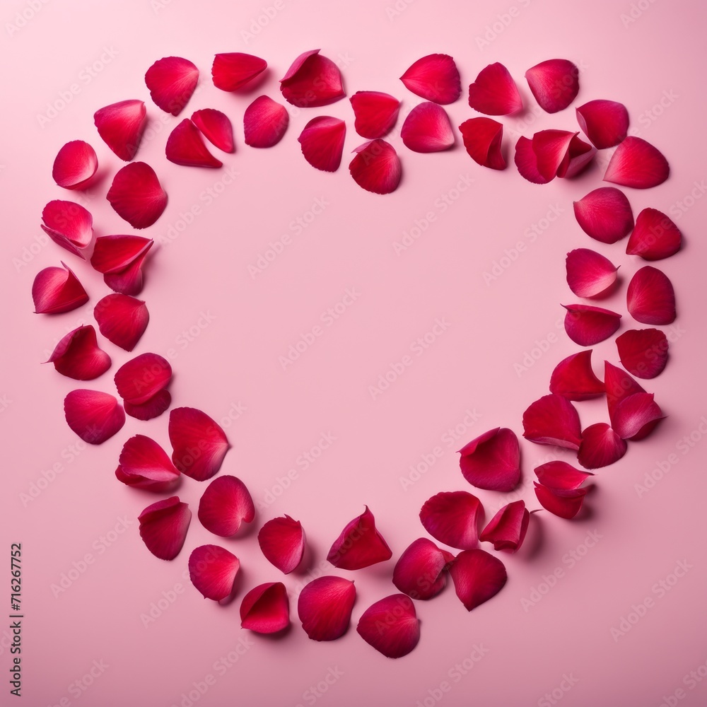 The shape of a heart created within scattered pinkish red rose petals